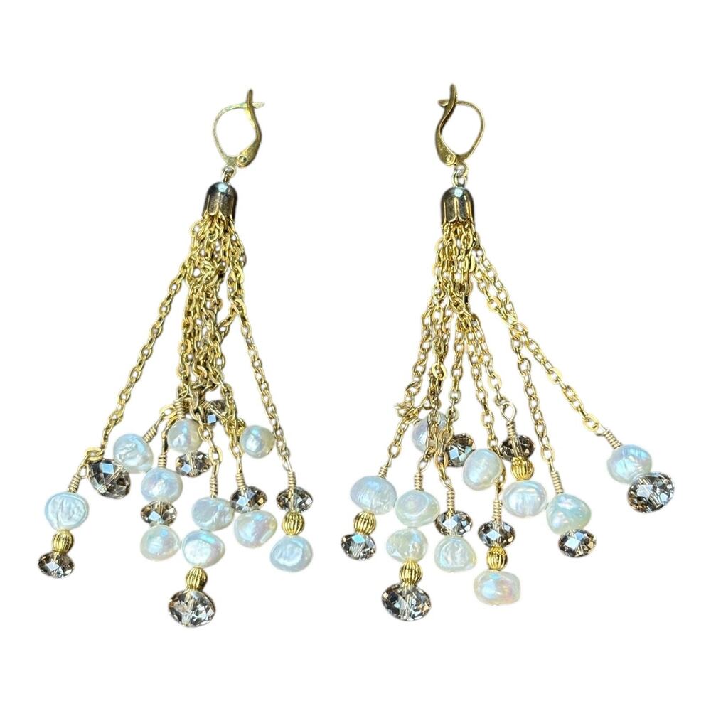 Gold Tassel Dangle Earrings –‎ Faux Pearl & Crystal Beads, Statement Jewelry